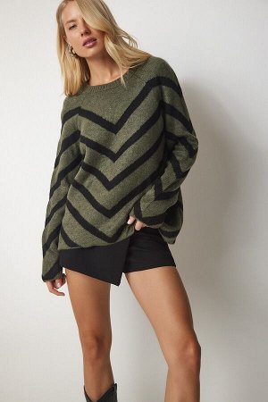 Женский трикотажный свитер цвета хаки в полоску NV00061