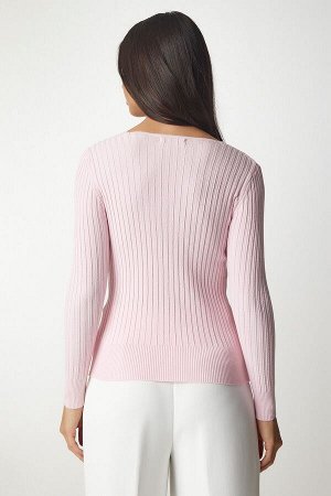 Женская светло-розовая базовая блузка в рубчик с v-образным вырезом BV00096