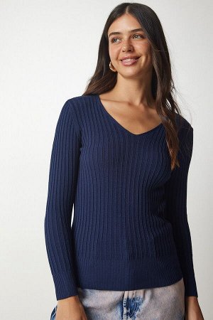 Женская базовая блузка в рубчик темно-синего цвета с v-образным вырезом BV00096