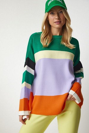Женский зеленый сиреневый вязаный свитер в блок-цветах BV00079