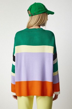 Женский зеленый сиреневый вязаный свитер в блок-цветах BV00079
