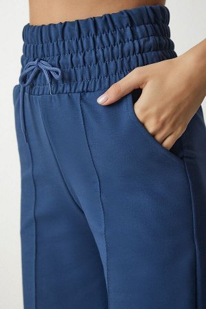 Женские базовые трикотажные спортивные штаны темно-синего цвета с карманами XR00018