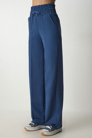 Женские базовые трикотажные спортивные штаны темно-синего цвета с карманами XR00018