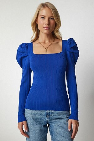 Женская синяя трикотажная блузка с квадратным вырезом YY00159