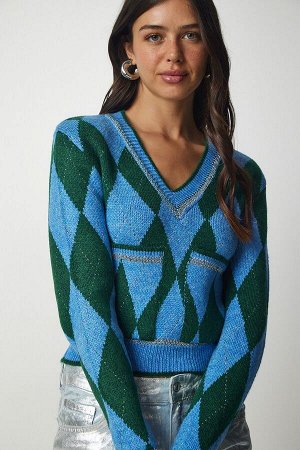 Женский сине-зеленый вязаный свитер с карманами и ромбовидным узором BV00105