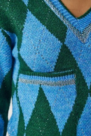 Женский сине-зеленый вязаный свитер с карманами и ромбовидным узором BV00105