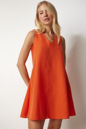 Женское оранжевое льняное платье А-силуэта с v-образным вырезом BF00079