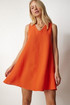 Женское оранжевое льняное платье А-силуэта с v-образным вырезом BF00079