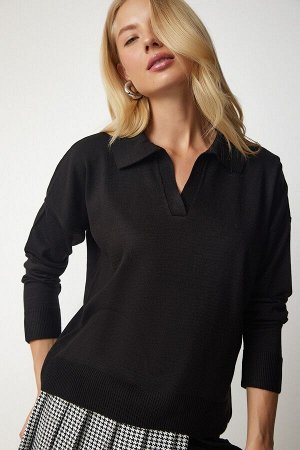 Женский черный базовый свитер с воротником поло bv00094