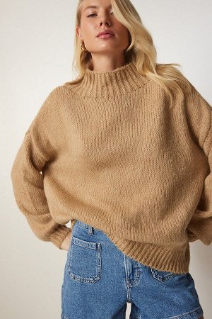 Женский базовый трикотажный свитер светло-коричневого цвета с воротником-стойкой MX00127