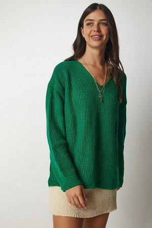 Женский темно-зеленый базовый вязаный свитер оверсайз с v-образным вырезом MX00130