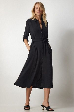Женское черное вискозное платье-рубашка с поясом DD01256