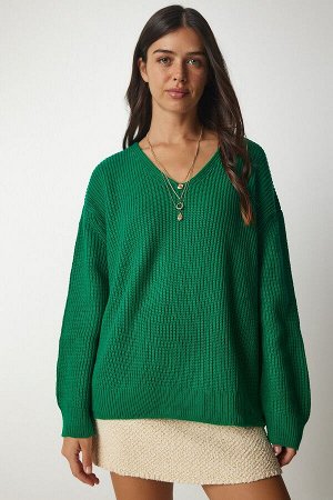 Женский темно-зеленый базовый вязаный свитер оверсайз с v-образным вырезом MX00130