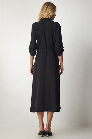 Женское черное вискозное платье-рубашка с поясом DD01256