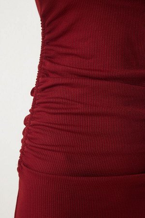 happinessistanbul Женское вельветовое трикотажное платье бордового цвета с рюшами UB00137