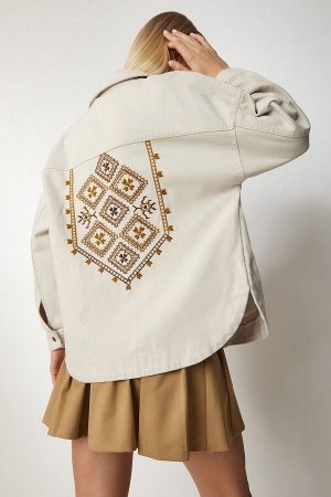 happinessistanbul Женская кремовая куртка-рубашка из габардина с этнической вышивкой RV00142
