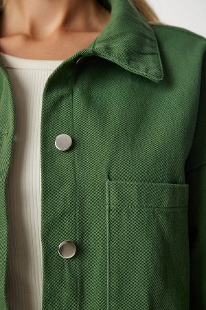 Женская льняная куртка-рубашка из габардина цвета хаки DD01255