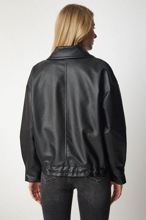 Женская черная куртка оверсайз из искусственной кожи RV00136