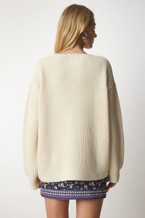 Женский кремовый свитер оверсайз с v-образным вырезом базового трикотажа MX00130