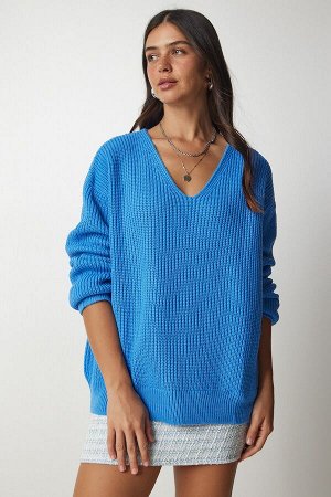 Женский голубой свитер свободного кроя с v-образным вырезом MX00130