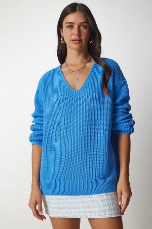 Женский голубой свитер свободного кроя с v-образным вырезом MX00130
