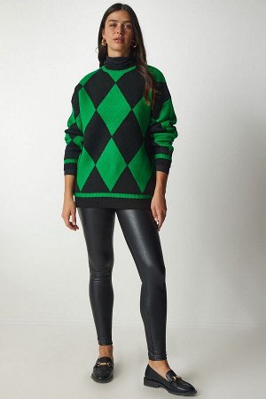 Женский зеленый вязаный свитер оверсайз с ромбовидным узором YY00161