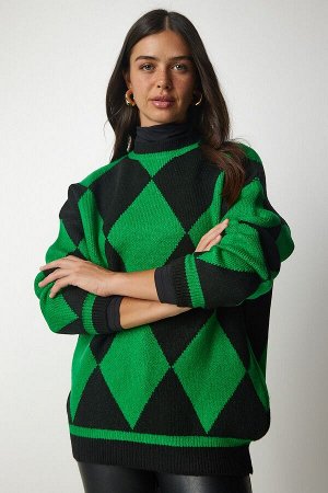 Женский зеленый вязаный свитер оверсайз с ромбовидным узором YY00161