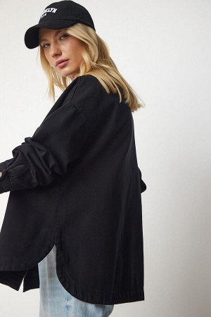 Женская черная льняная куртка-рубашка из габардина DD01255