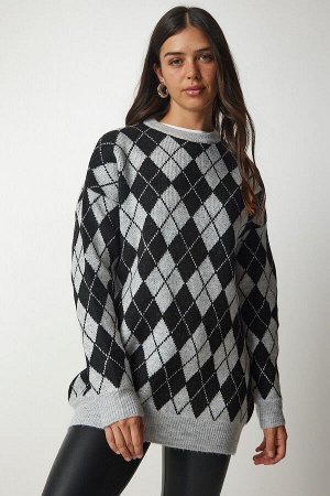 Женский серый вязаный свитер оверсайз с ромбовидным узором YY00162