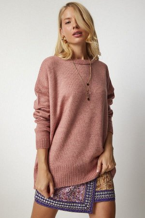 Женский пудровый вязаный свитер оверсайз с круглым вырезом BV00085