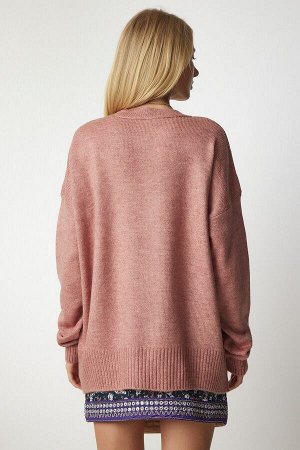 Женский пудровый вязаный свитер оверсайз с круглым вырезом BV00085
