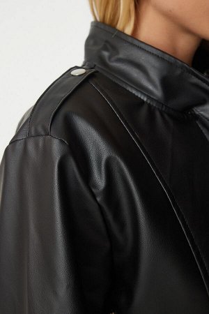 Женская куртка из искусственной кожи с черным поясом и карманами RV00144