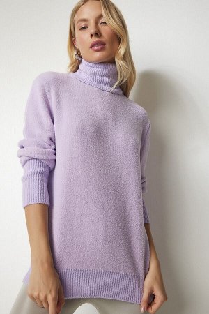 Женский сиреневый свитер с высоким воротником из мягкого фактурного трикотажа mx00140