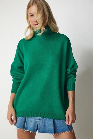 Женский зеленый вязаный свитер оверсайз с высоким воротником MX00133