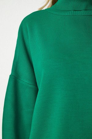 Женский зеленый вязаный свитер оверсайз с высоким воротником MX00133