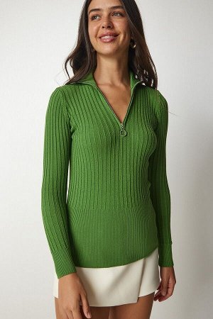 Женская зеленая блузка из трикотажа в рубчик на молнии с высоким воротником BV00093
