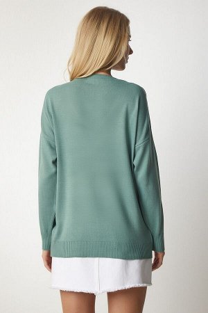 Женский зеленый свитер из тонкого трикотажа с v-образным вырезом PN00078