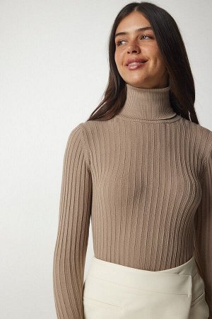 Женский базовый свитер из норки в рубчик с высоким воротником bv00095