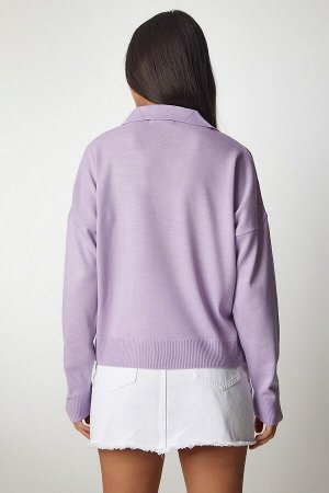 Женский сиреневый базовый свитер с воротником поло bv00094