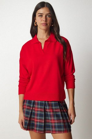 Женский красный базовый свитер с воротником поло bv00094
