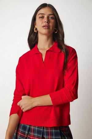 Женский красный базовый свитер с воротником поло bv00094