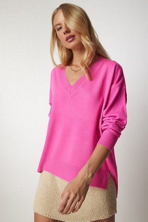 Женский розовый вязаный свитер оверсайз с v-образным вырезом BV00082