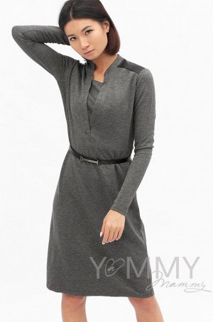Платье с отделкой из экокожи темно-серый меланж