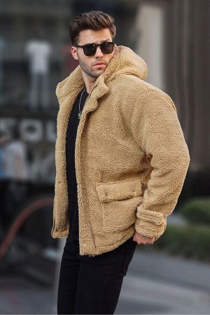 Плюшевое пальто с капюшоном цвета верблюжьей шерсти 6718