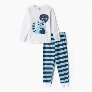 Пижама для мальчика (лонгслив/штанишки), цвет белый/синий/енот, рост