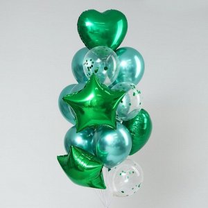 Букет из шаров «Хром», фольга, латекс, с конфетти, набор 14 шт, цвет зелёный