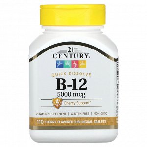 21st Century, Витамин B-12, вишня, 5000 мкг, 110 сублингвальных таблеток