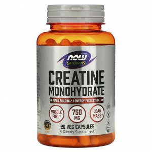 NOW Foods, Sports, моногидрат креатина, 120 растительных капсул (750 мг на капсулу)