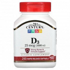 21st Century, Витамин D3, 25 мкг (1000 МЕ), 250 мягких таблеток с быстрым высвобождением