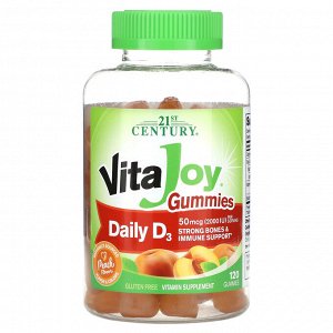 21st Century, VitaJoy, жевательные таблетки, витамин D3 для ежедневного приема, персик, 2000 МЕ, 120 жевательных таблеток (25 мкг (1000 МЕ) в 1 жевательной таблетке)